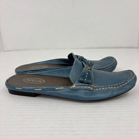 Talbots Mule Loafers Womens Size 7 Teal Blue Pebbled Leather Bow Detail Slip On - Picture 2 of 10